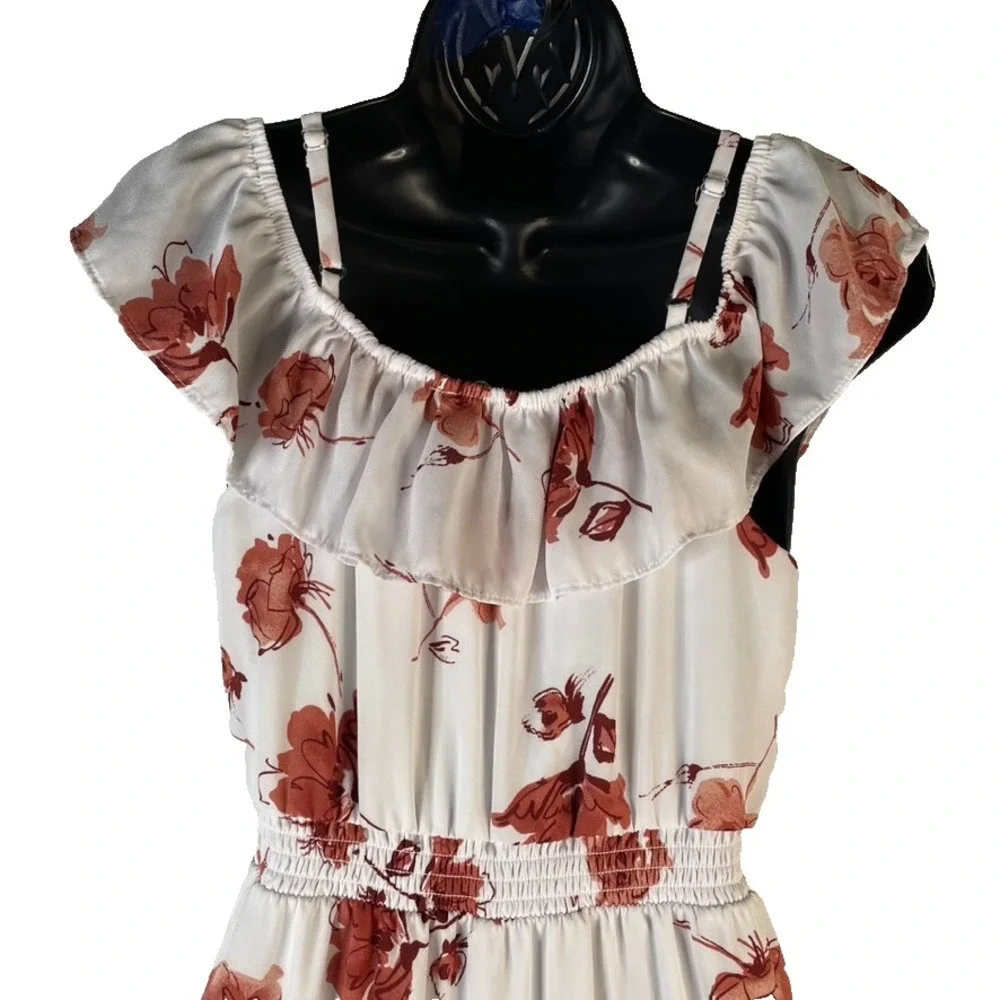 Beautees Women's Midi Dress White Floral Sz 14 Off Shoulder Elastic Waist Tiered